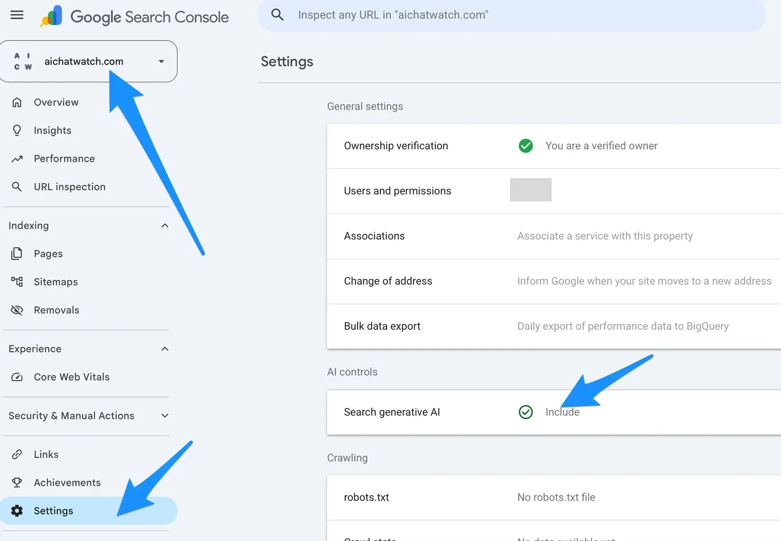 Google Search Console Settings page with the Search generative AI row in the AI controls section