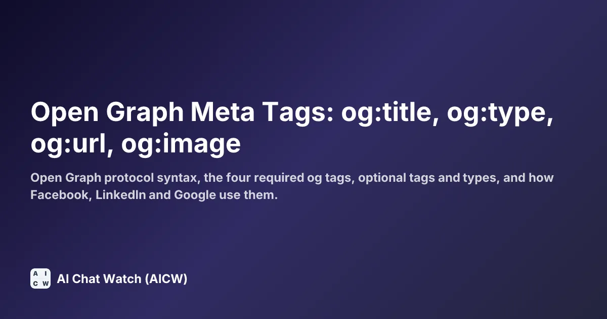 Open Graph Meta Tags: og:title, og:type, og:url, og:image