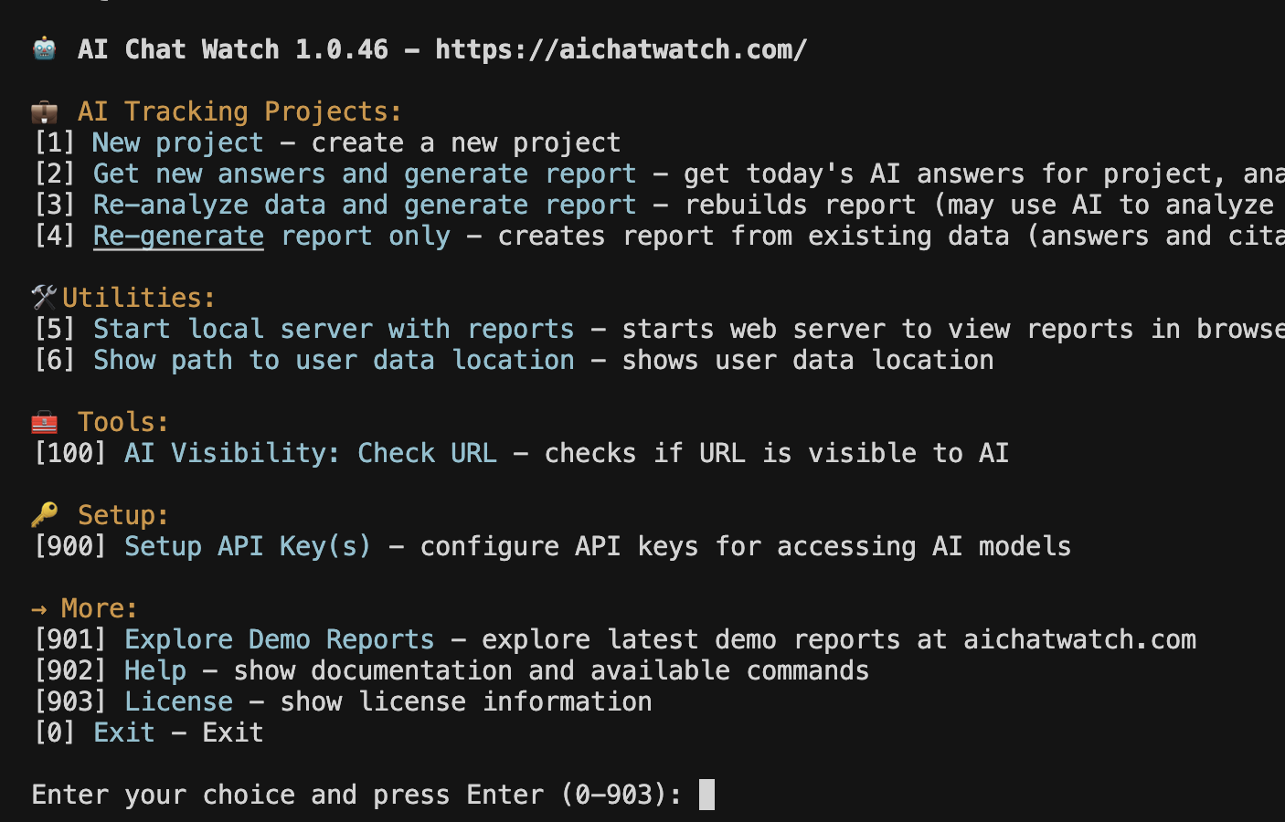 AICW Main Menu in Interactive Mode