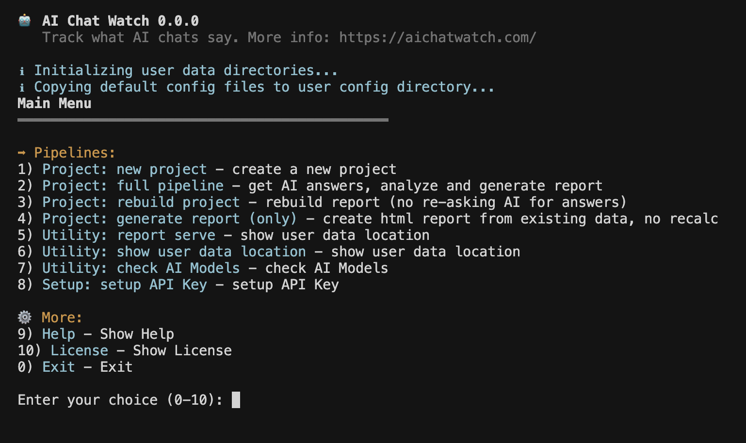 AICW command line interface in terminal